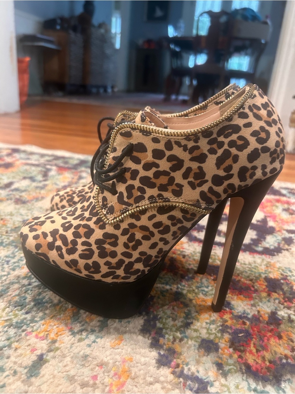 Shoe Dazzle Leopard Print Platform Lace-Up Heels - Tan/Black